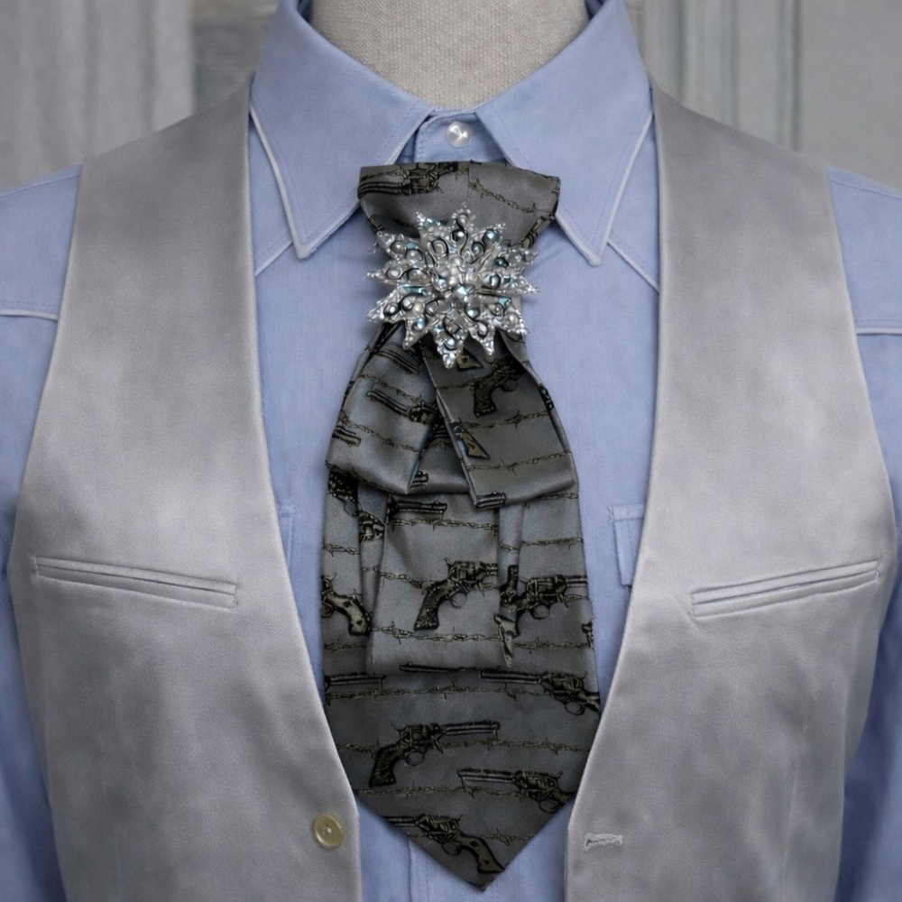 OOAK Circle S Western Necktie Tie Necklace with Brooch & Aurora Borealis Beads